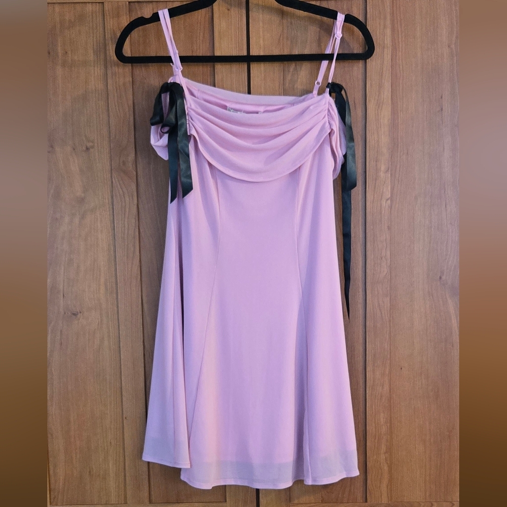 Kimchi Blue Bubblegum Pink Mini Dress with Black Ribbon Accents at Shoulder